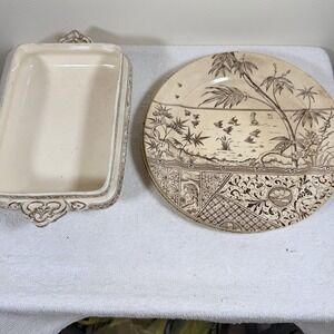 2 1800s Melbourne Mayers G&W Brown Transfer Ware Plate 9" With Soup Tureen Vtg